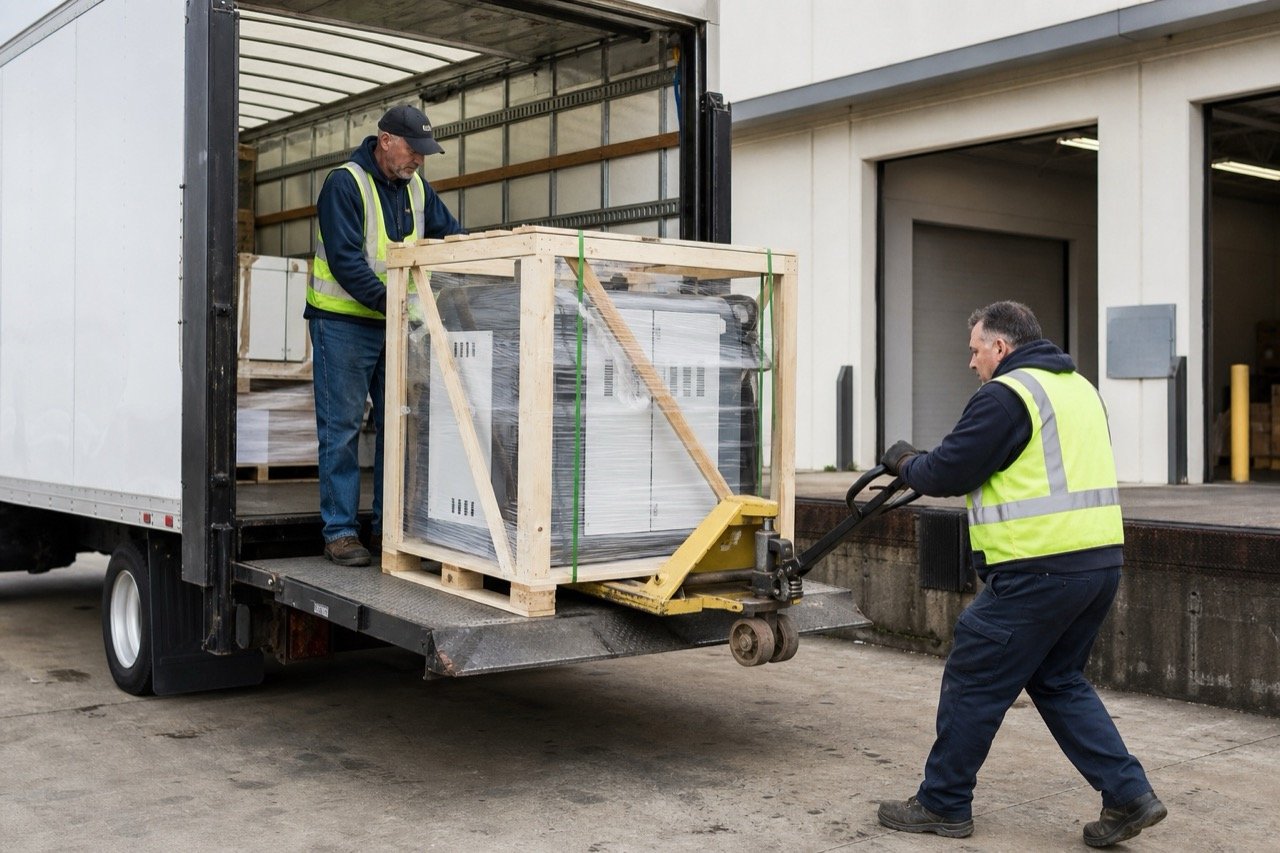 Workers unloading crated equipment from a freight truck