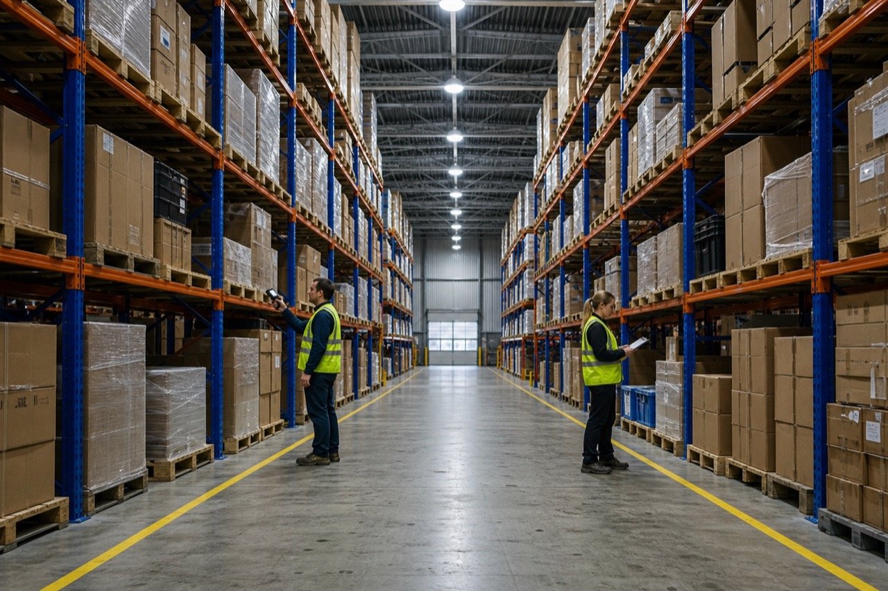 Warehouse team managing palletized inventory