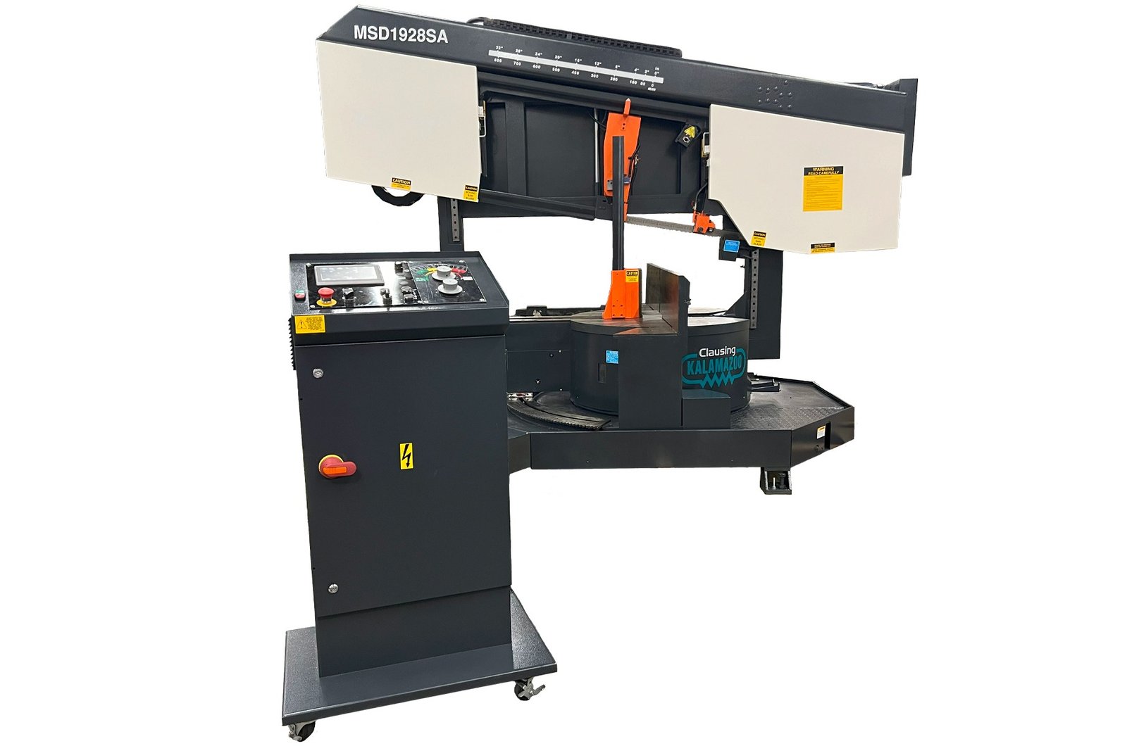 MSD1928SA-Front-Edited-Website1.jpg Clausing Kalamazoo 230V Three Phase 19”x28” Variable-Speed Semi-Automatic Twin-Column Dual Miter Horizontal Bandsaw MSD1928SA - Image 1